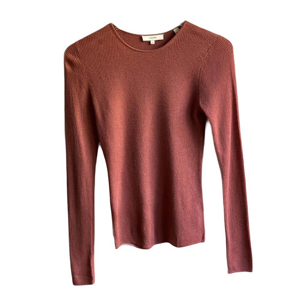 Vince Ribbed Knit Sweater Size S 100% Wool Dusty Rose Crewneck Jumper Fall Cozy - Picture 9 of 9